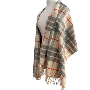 J. Crew Cozy Pinky Beige Gray Plaid 100% Wool  Blend Scarf With Fringe red grey